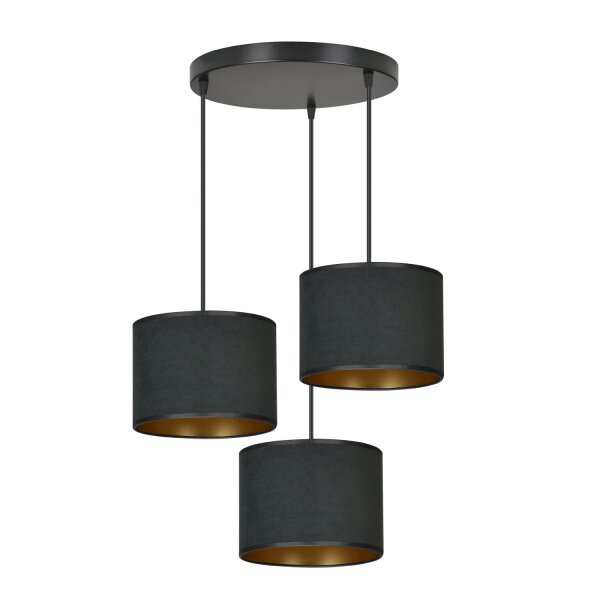 Lampe à suspendre 3 flammes tissu métal noir or E27
