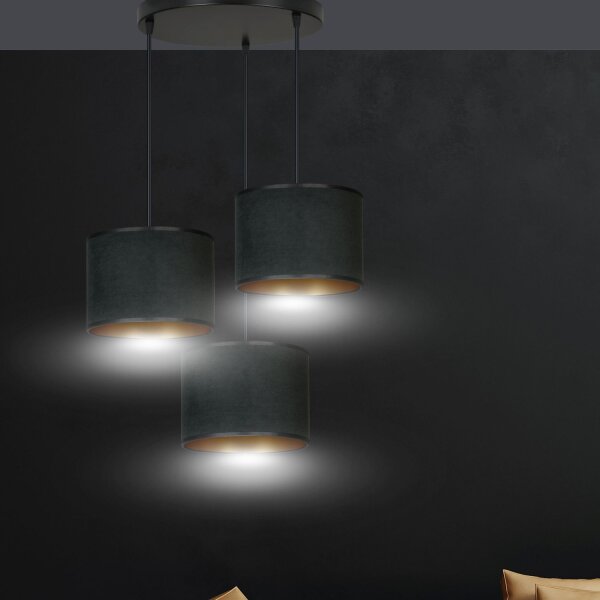 Lampe à suspendre 3 flammes tissu métal noir or E27