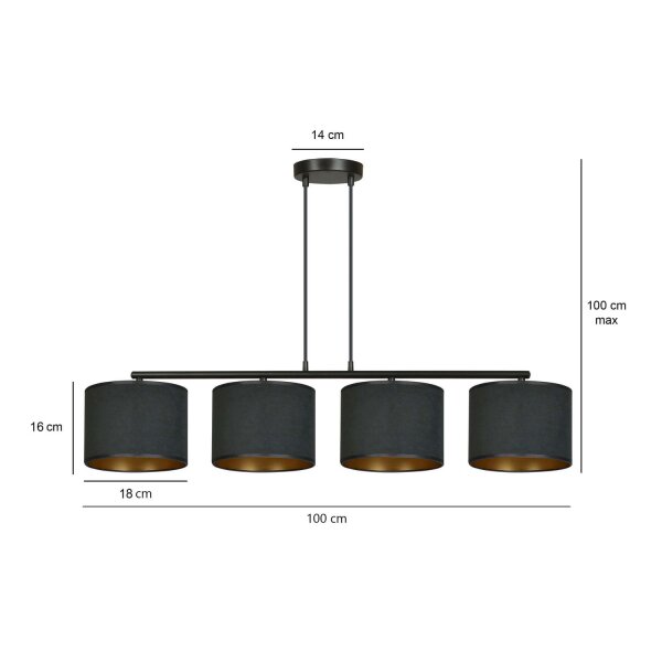 Lampe à suspendre Noir Or L : 97 cm Tissu Métal E27 4-flamme