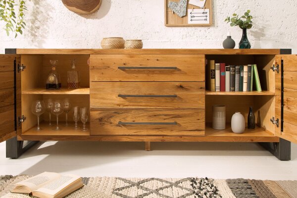 XXL Sideboard chêne sauvage largeur 200 cm piètement traîneau industriel