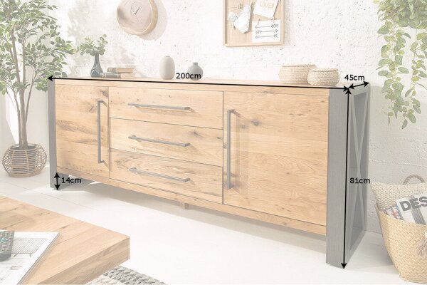XXL Sideboard chêne sauvage largeur 200 cm piètement traîneau industriel