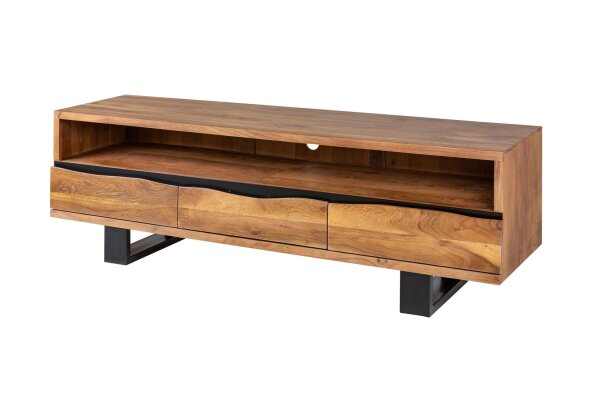 TV Lowboard bois acacia métal 160 cm piètement à patins bord darbre