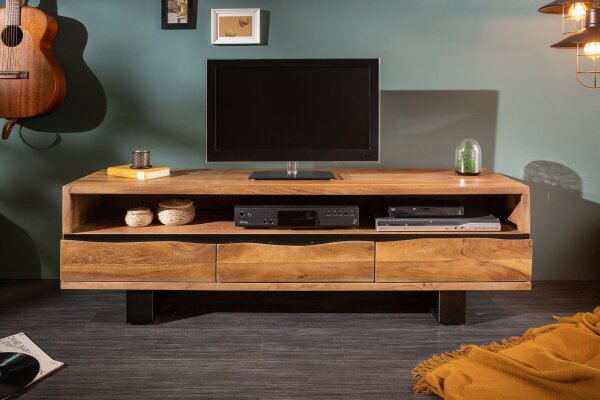 TV Lowboard bois acacia métal 160 cm piètement à patins bord darbre