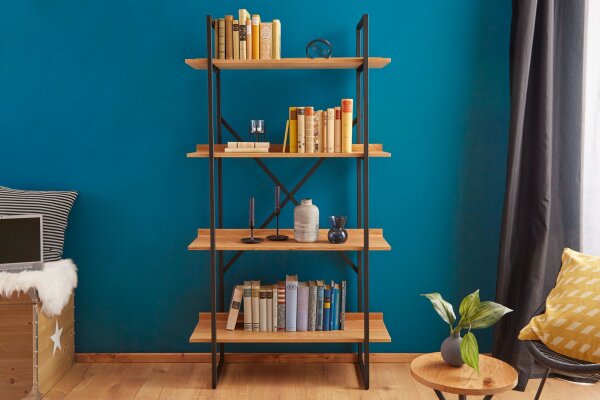 Étagère design industriel 90 x 166 cm placage bois véritable métal