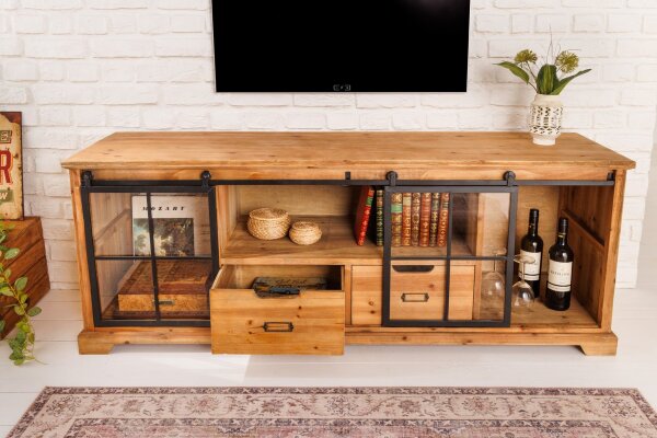 TV Lowboard Bois Verre Métal Rustique 160 cm Portes coulissantes
