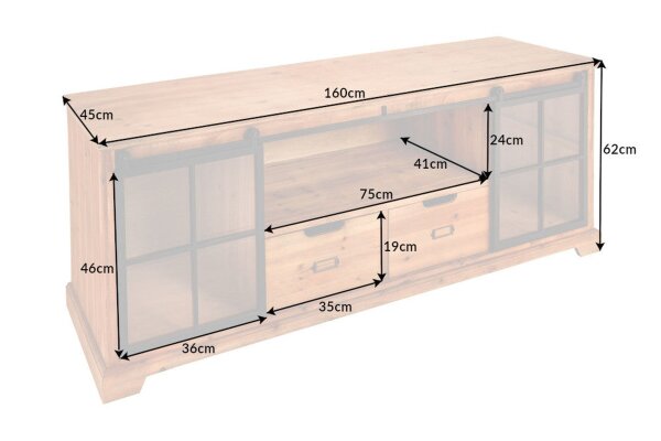 TV Lowboard Bois Verre Métal Rustique 160 cm Portes coulissantes