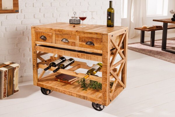 Armoire-bar à roulettes en manguier massif L : 86 cm Industrial