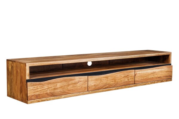 Meuble TV suspendu 160 cm tiroirs bord darbre en acacia