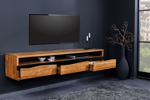 Meuble TV suspendu 160 cm tiroirs bord darbre en acacia