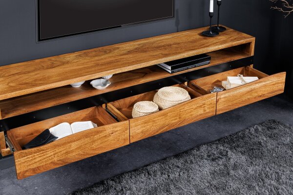 Meuble TV suspendu 160 cm tiroirs bord darbre en acacia