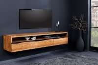 Meuble TV suspendu 160 cm tiroirs bord darbre en acacia