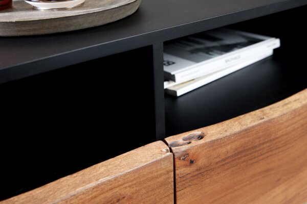 TV Lowboard 140 cm bord darbre compartiments tiroirs bois fer