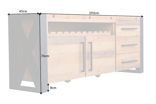 Grand sideboard bois fer 195 cm de large design industriel