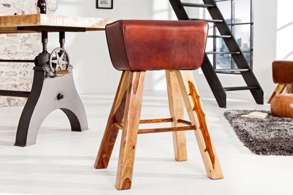 Tabouret de bar en cuir véritable massif 40 cm en marron café naturel
