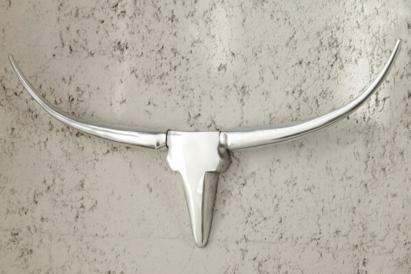 Sculpture murale aluminium 120 cm en blanc argent Tête de taureau