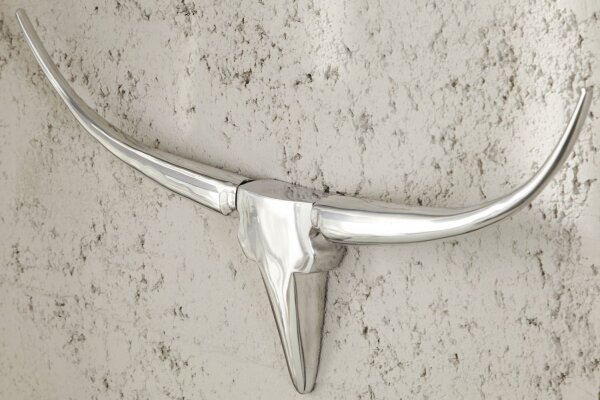 Sculpture murale aluminium 120 cm en blanc argent Tête de taureau