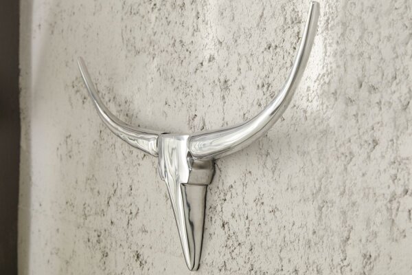 Sculpture murale aluminium 120 cm en blanc argent Tête de taureau