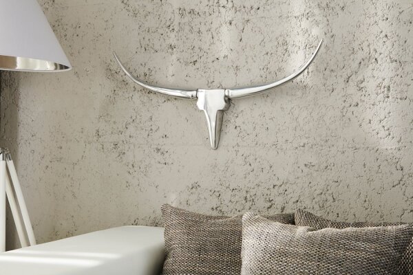 Sculpture murale aluminium 120 cm en blanc argent Tête de taureau