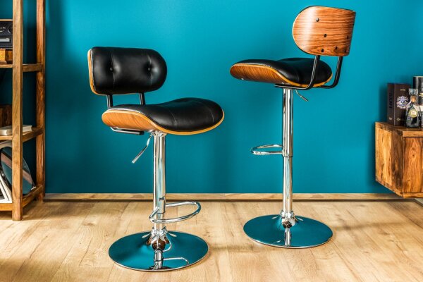 Tabouret de bar simili-cuir plaqué bois véritable métal noir naturel