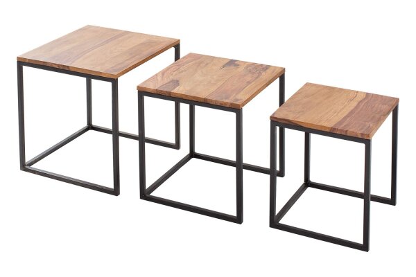 Table dappoint bois de sheesham métal set de 3 pièces en noir naturel