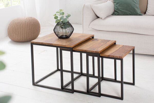 Table dappoint bois de sheesham métal set de 3 pièces en noir naturel