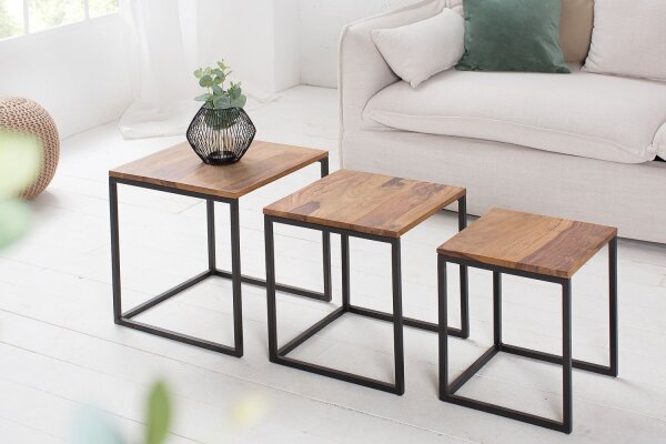 Table dappoint bois de sheesham métal set de 3 pièces en noir naturel