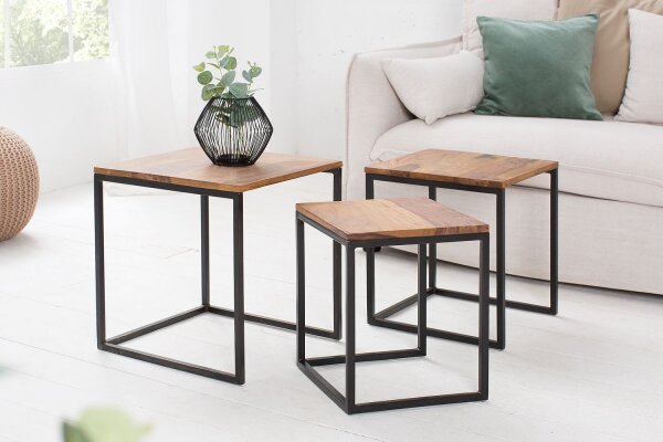 Table dappoint bois de sheesham métal set de 3 pièces en noir naturel