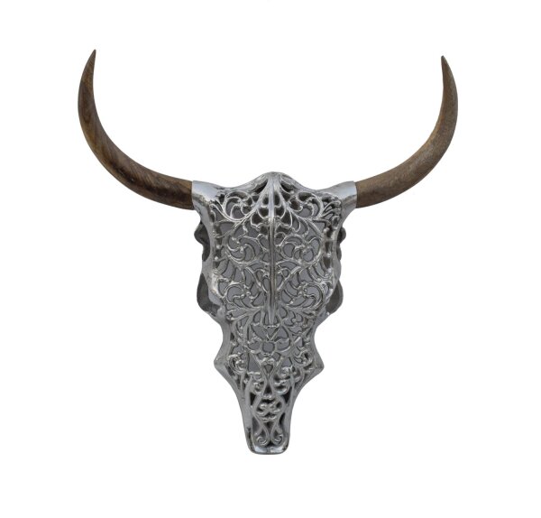 Sculpture murale métal mangue bois 10 cm en argent nature tête de taureau