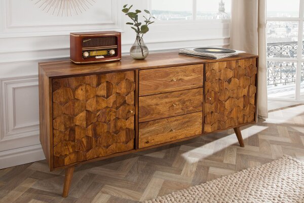 Buffet en bois de sheesham 145 x 75 cm Façades 3D rétro