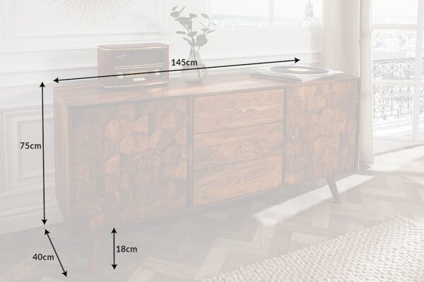 Buffet en bois de sheesham 145 x 75 cm Façades 3D rétro