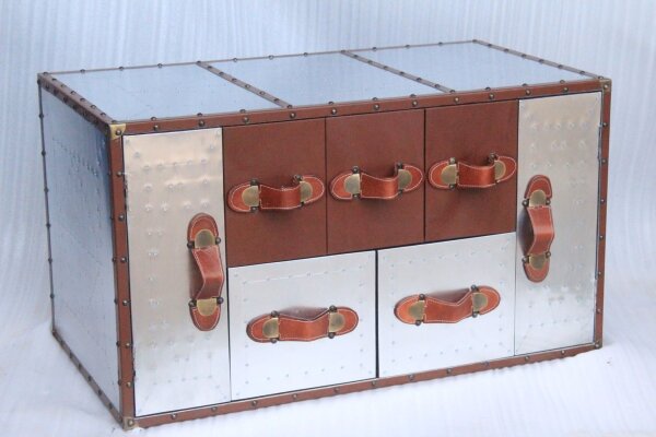Table basse aluminium bois cuir artisanal 51x86 cm en brun