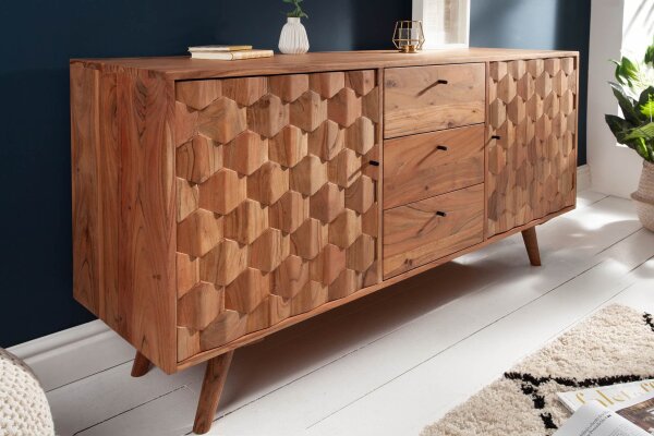 Sideboard acacia 145 x 75cm façades 3D rétro tiroirs portes