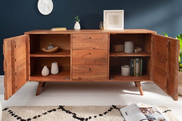 Sideboard acacia 145 x 75cm façades 3D rétro tiroirs portes