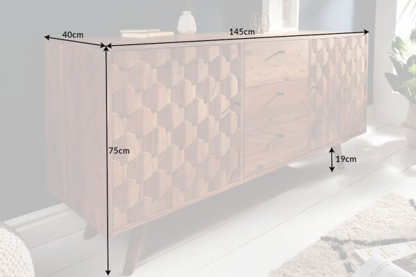 Sideboard acacia 145 x 75cm façades 3D rétro tiroirs portes