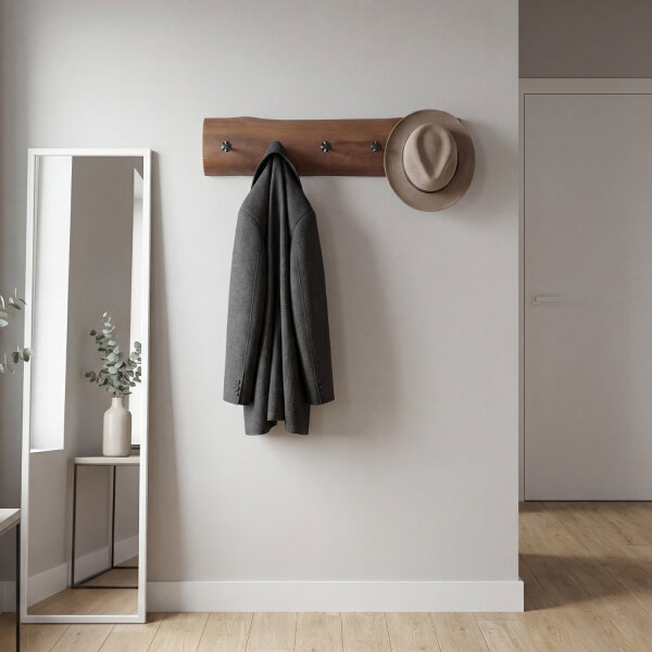 Portemanteau mural bois métal fait main 100 cm en brun noir