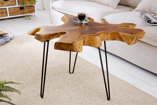Table basse en teck métal naturel noir 60x58 cm artisanale