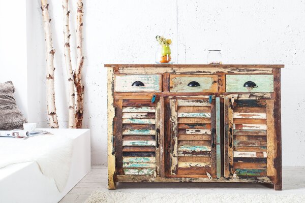 Buffet en bois 125 x 90 cm Tiroirs Portes Coloré Artisanat