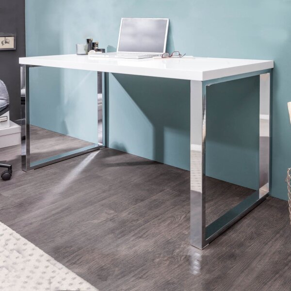 Bureau blanc brillant chromé 120 x 75 cm