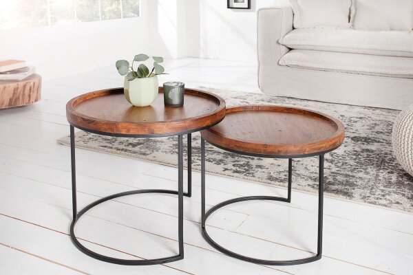 Set de 2 tables dappoint en bois dacacia métal rond