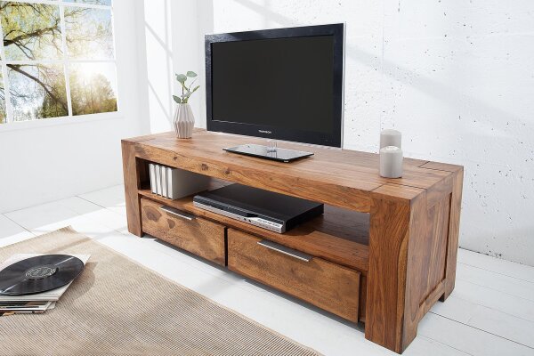 Buffet TV en bois de sheesham 130 x 45 cm tiroirs grand compartiment
