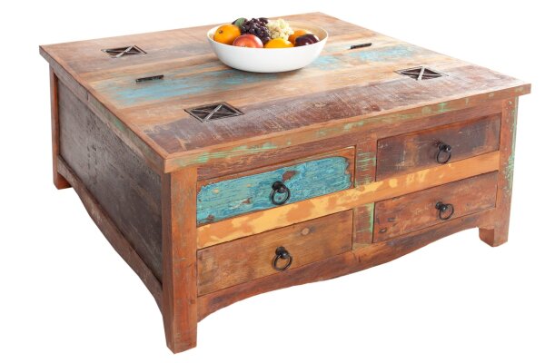 Table basse avec tiroir bois recyclé multicolore marron 70x70 cm