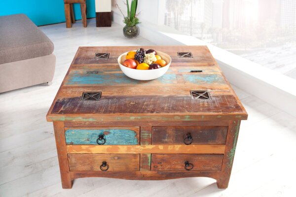 Table basse avec tiroir bois recyclé multicolore marron 70x70 cm