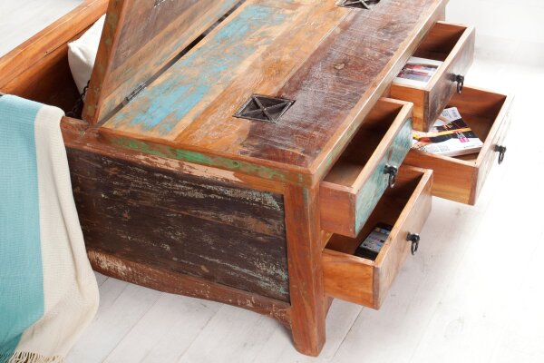 Table basse avec tiroir bois recyclé multicolore marron 70x70 cm
