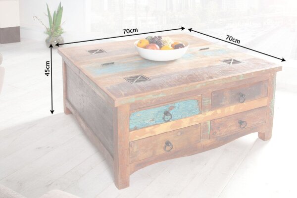 Table basse avec tiroir bois recyclé multicolore marron 70x70 cm