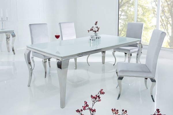Table de salle à manger céramique verre dur métal en blanc argenté 180x90 cm