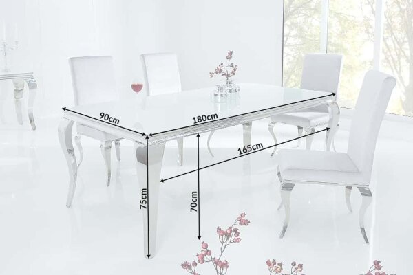 Table de salle à manger céramique verre dur métal en blanc argenté 180x90 cm