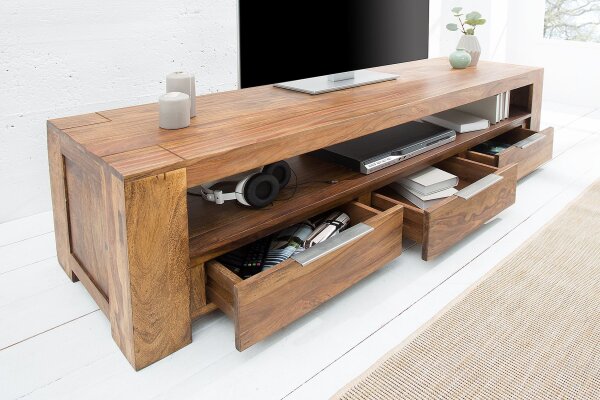 TV Lowboard bois Sheesham largeur 170 cm tiroirs grand compartiment