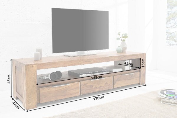 TV Lowboard bois Sheesham largeur 170 cm tiroirs grand compartiment