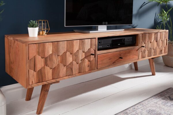 TV Lowboard en acacia, largeur 140 cm, façades 3D massives