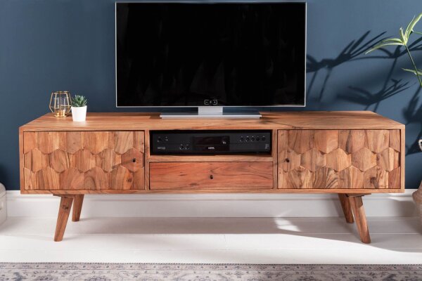 TV Lowboard en acacia, largeur 140 cm, façades 3D massives